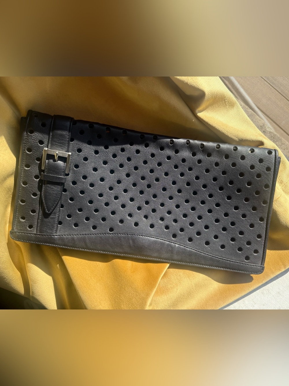 Via Spiga Y2K Black Perforated 100% Leather Clutch with Buckle Strap